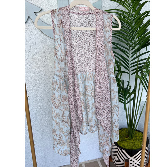 Band of Gypsies Tops - Band of Gypsies Floral Vest - Aqua & Brown Colors, Size Small